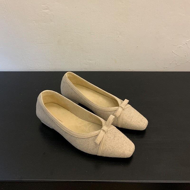 Bow square head shallow mouth single shoes thick heel commuter shoes 2025 autumn and winter plush shoes