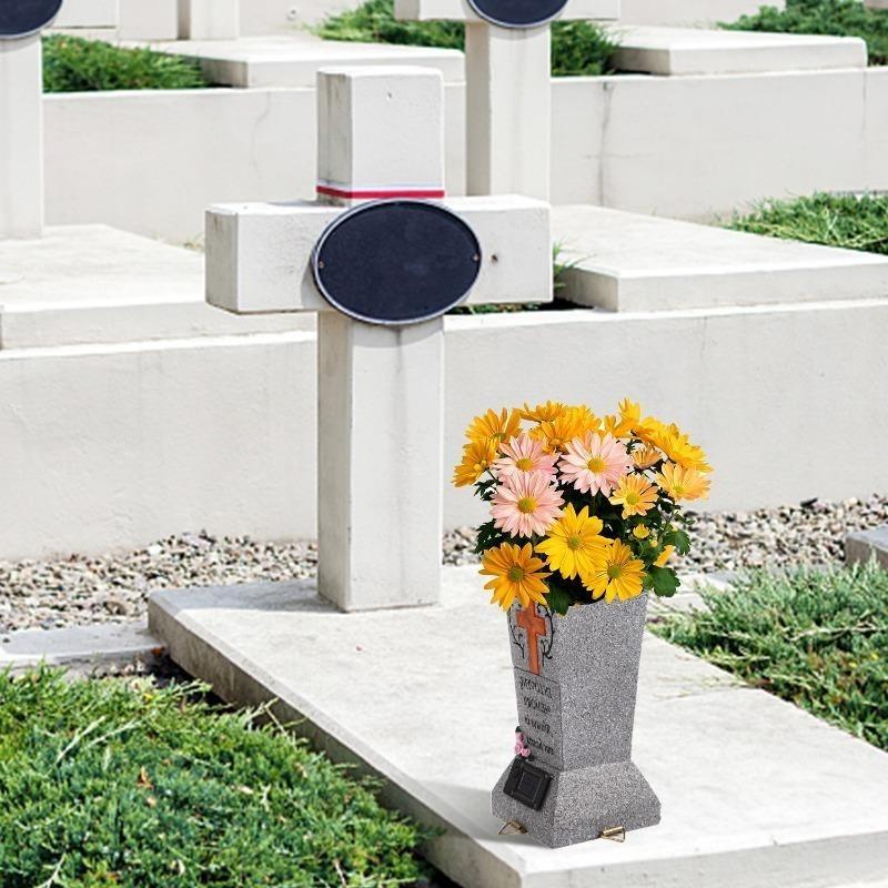 Waterproof Solar Light Cross Grave Vase, Solar Powered Weatherproof Cemetery Flower Holder for Pet & Human Headstones