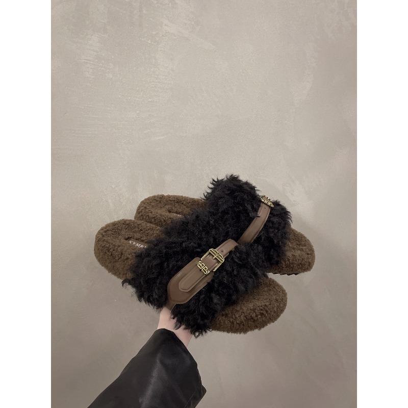 Moda 2025 Zapatos de Deslizamiento de Piel de Cordero de Lujo para Mujer Suela Gruesa Cinturón con Hebilla Zapatilla de Felpa Sandalias Mula con Plataforma de Pelo Rizado Teddy para Mujer Invierno