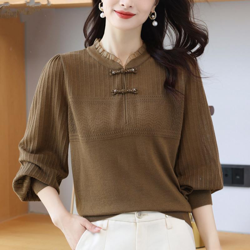 

Spring and Autumn New Sweater Temperament Crew Neck Thin Bottom Shirt Retro Knitted Sweater Top Women s One size