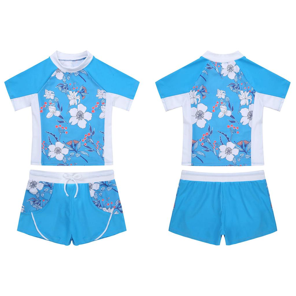 Girls 2 Piece Floral Print Swim Set Round Neck Short Sleeve Top Elastic Waist Boyshorts Beach Bathing Suit Swimsuit