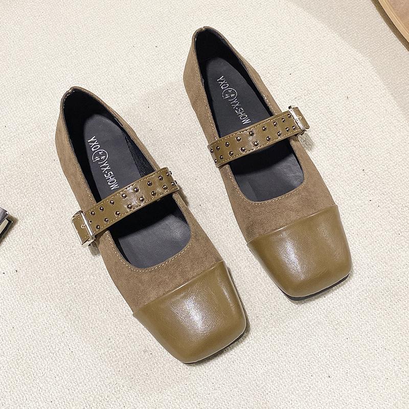 Frühling Neue Flache Schuhe Damen Eckiger Kopf Spleißen Wildleder Flacher Ausschnitt Nieten mit Weicher Sohle Rutschfeste Einzelne Schuhe