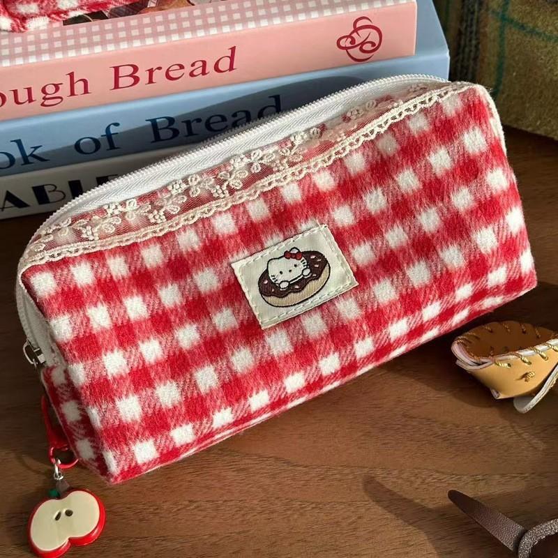 Pencil Pouch with Red Plaid Pattern and Charm, Stationery for School and Supplies
