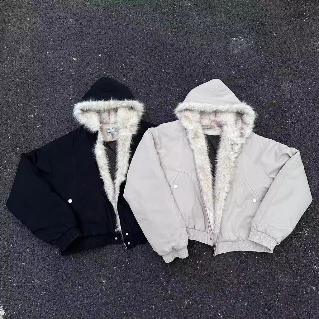 Men's Zuo Shan Diao Winter Hooded Cotton Jacket with Faux Fur Collar - American High Street Style