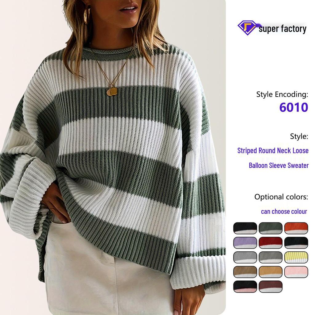 Retro Color Block Striped Sweater - Autumn/Winter Loose Round Neck Knit Pullover