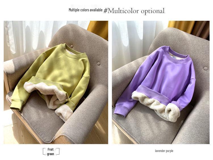 Women's Loose Lambswool Sweatshirt - Korean Style Casual Plus Velvet Thick Top for Autumn/Winter 2023.