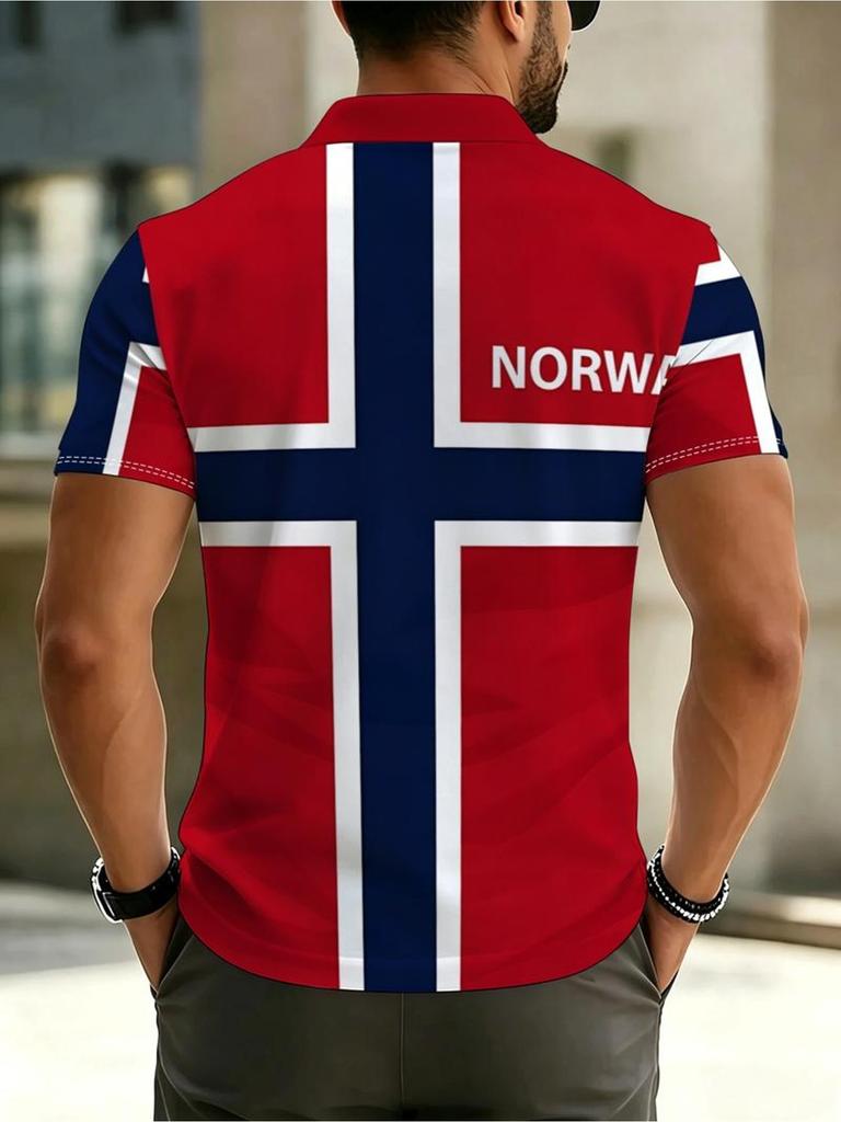 [Print Design - Not Textured] Summer New Men'S Fun Polo Shirt, Norwegian Flag Print, Dynamic Flag Design, Casual Daily Wear, Fashionable And