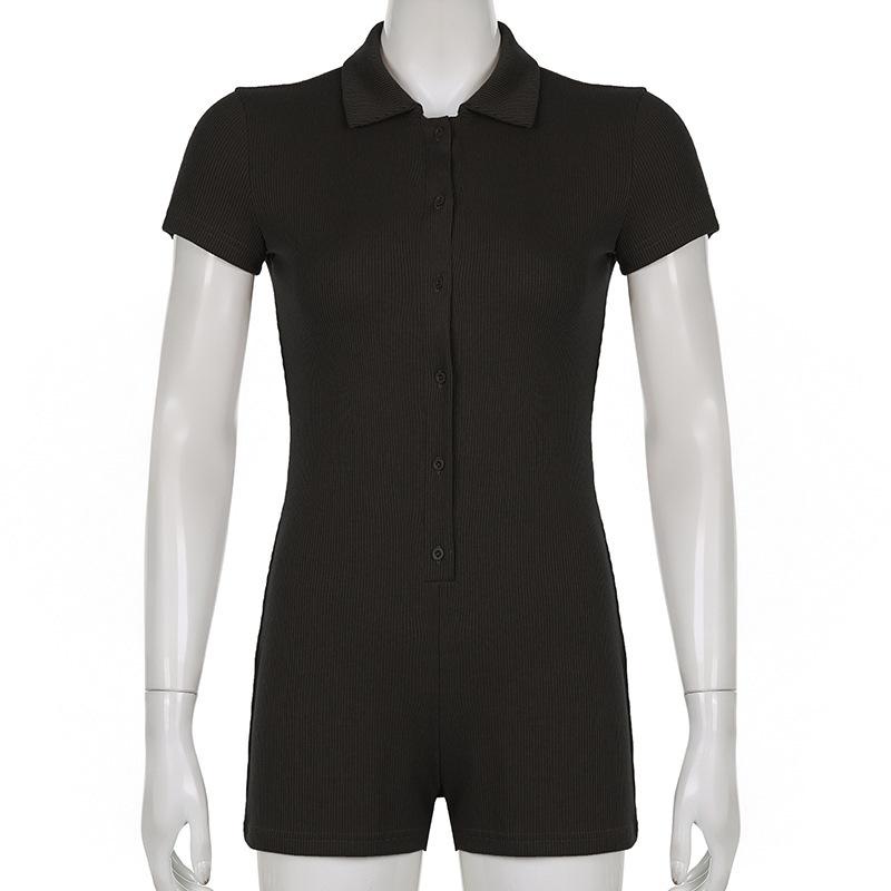 Spring and Summer European and American Hot Girl Solid Color Lapel Breasted Ribbed Slim Fit Casual Simple Basic Jumpsuit