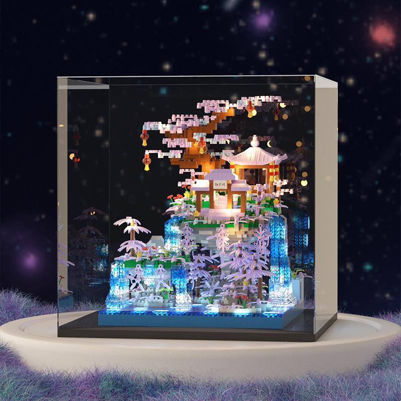 Fairy Pavilion Cherry Blossom Treehouse with Peach Blossom Pond - Creative Ancient Style Building Block Ornament, Handmade Assembly Scene.