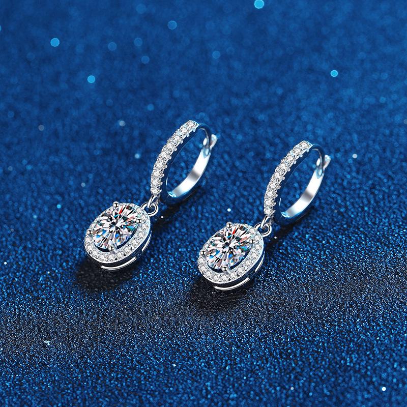 One Carat Moissanite S925 Sterling Silver Egg-Shaped Dangle Earrings for Women