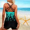 Women's Shoulder Strap Beautiful Back Swimsuit, Gemstone Crown Print Bikini Short Tank Top Swimsuit