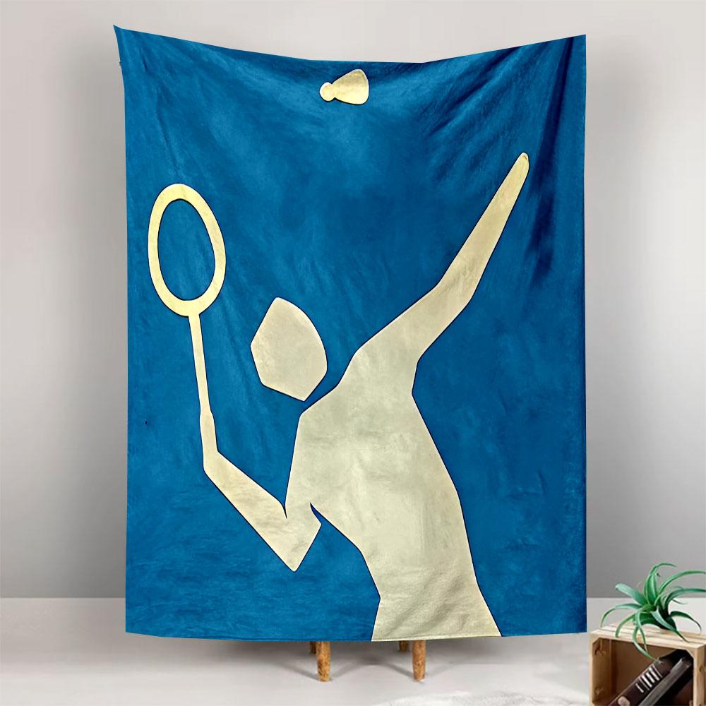 Minimalist Badminton Player Wall Tapestry Cream Silhouette Serving Racket Shuttlecock Blue Decor for Bedroom Game Room Gift