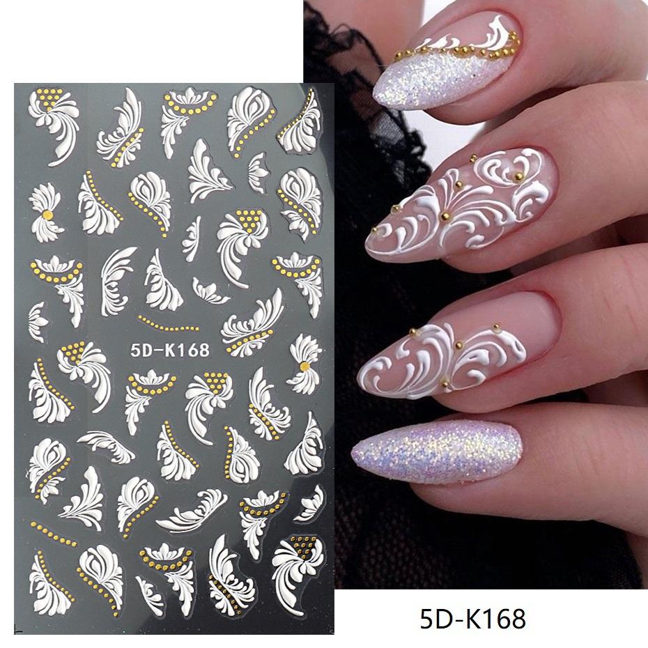 

Свадебная наклейка для ногтей, кружевной свадебный дизайн, 5D акриловый слайдер с цветочным тиснением для ногтей, руководство по французскому дизайну ногтей, золотая фольга 5D-K168