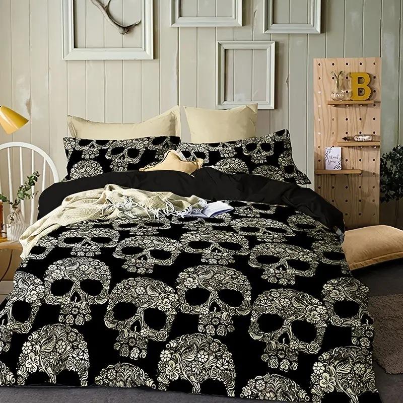Sugar Skull Duvet Cover King, 3D Skull Bedding Set for Boys Girls, Bones Skeleton Blue Roses Comforter Cover with Pillowcases