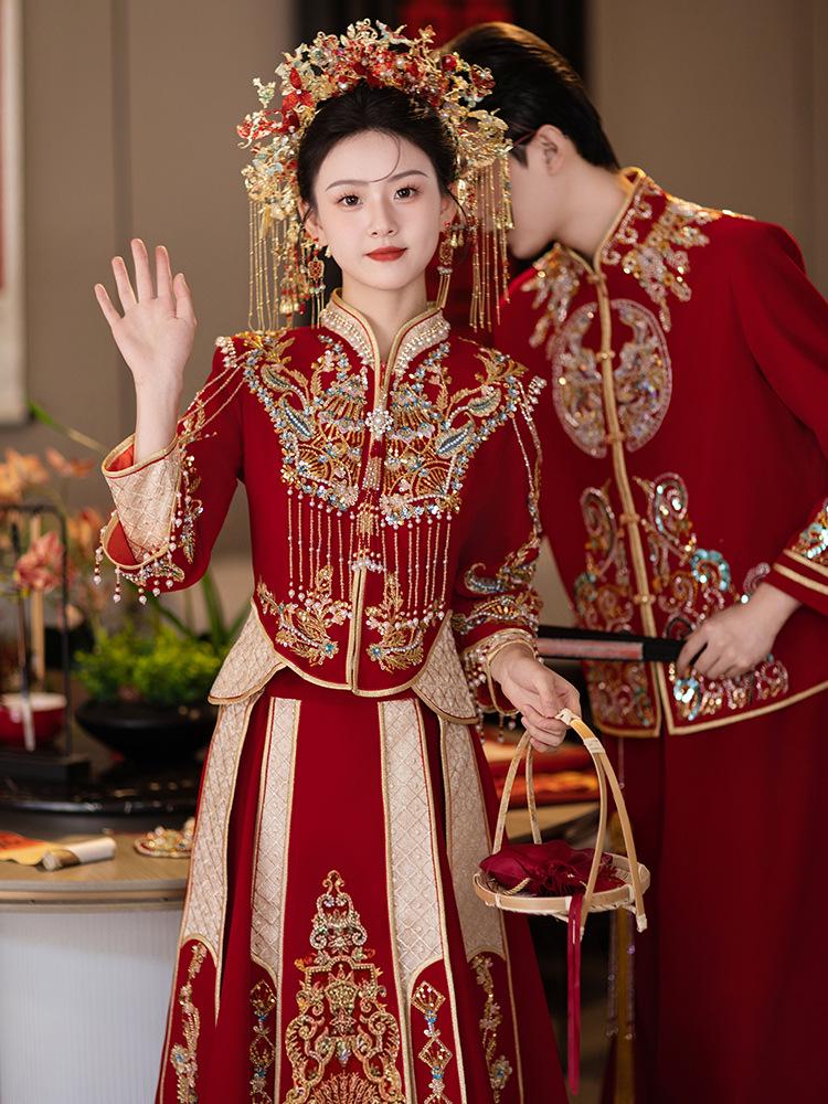 2026 Xiuhe Velvet Bride's Departure Dress - High-End Chinese Wedding & Toasting Attire for Couples