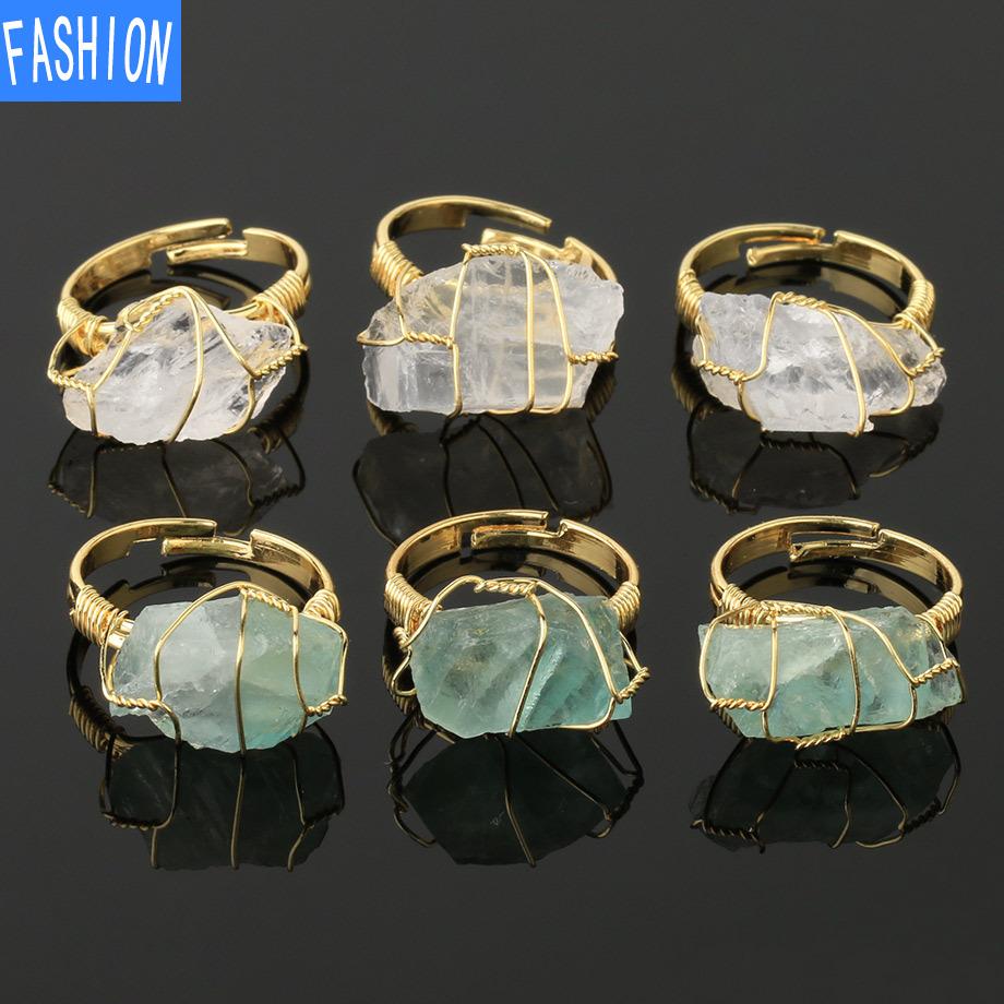 Natural Crystal Golden Wiir Wrap Ring Crystals Adjustable Ring Creative Gift for Women
