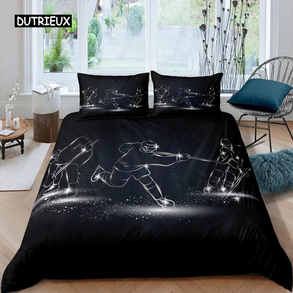Ice Hockey Duvet Cover Set Boys Puck King Size Sports Games Theme Bedding Set for Kids Youth Adult Men Winter Match Quilt Cover
