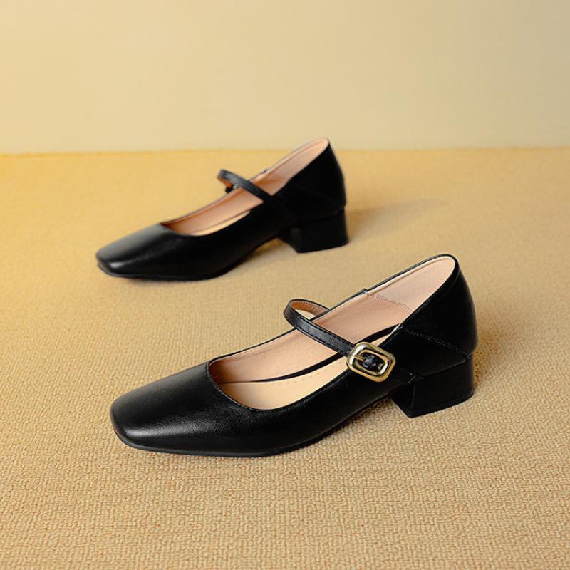 

New four-season wear single shoes, shallow mouth casual low-heeled rubber sole women s leather shoes, flat shoes, square head women s low-top shoes 39 чёрный