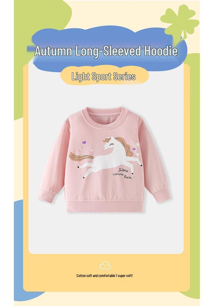 26th Season Autumn/Winter Girls' Cartoon Horse Print Round Neck Sweatshirt - Fashionable Children's Clothing