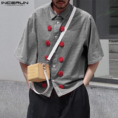 Men Summer Lapel Neck Short Sleeve Striped Shirts Buttons Flowers Tops