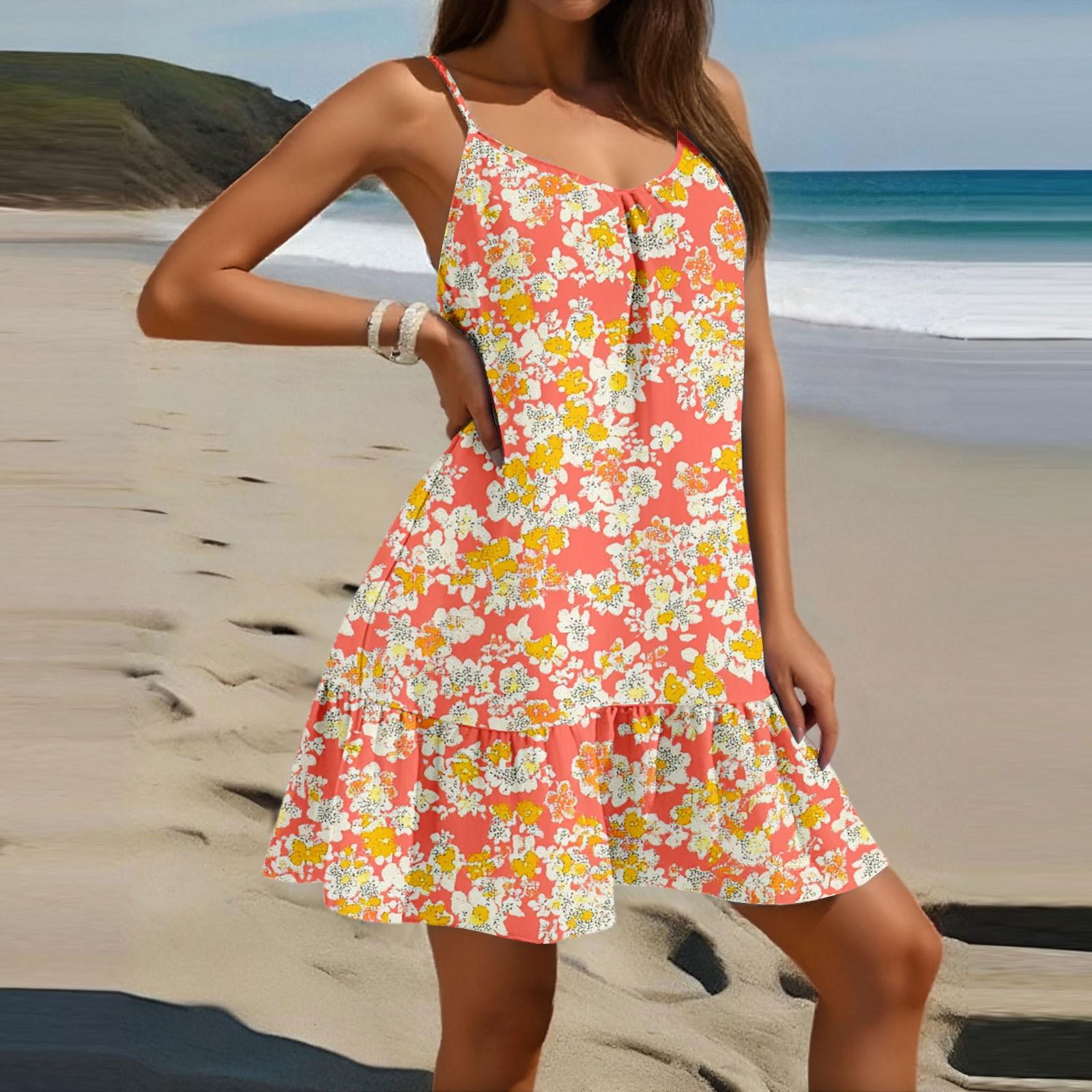 

Женское модное повседневное платье без рукавов с круглым вырезом, свободного кроя, с цветочным принтом, пляжное XL шафрановый