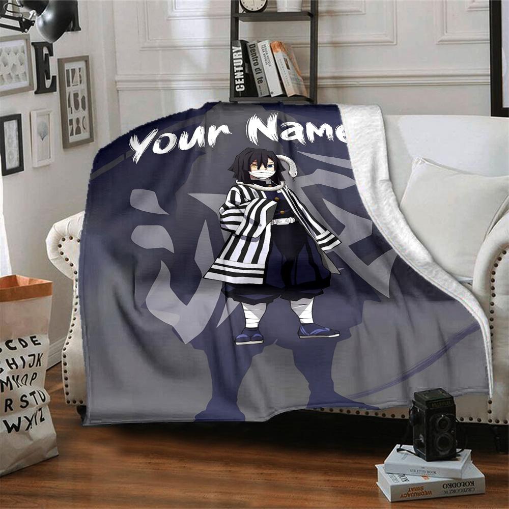 1pc Iguro Obanai Blanket with Custom Name, Gift, for Men and Women, Soft Blanket, Good for Sofa Bed Couch Travel, Lightweight Flannel Blanket