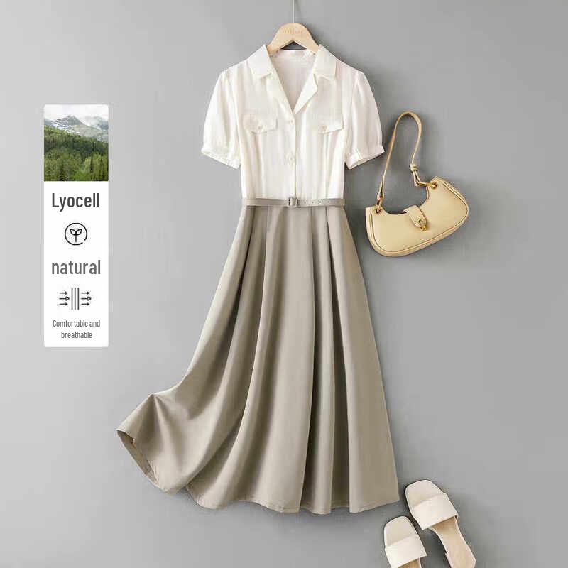 IHIMI Elegant Fake Two-Piece Puff Sleeve A-Line Dress M