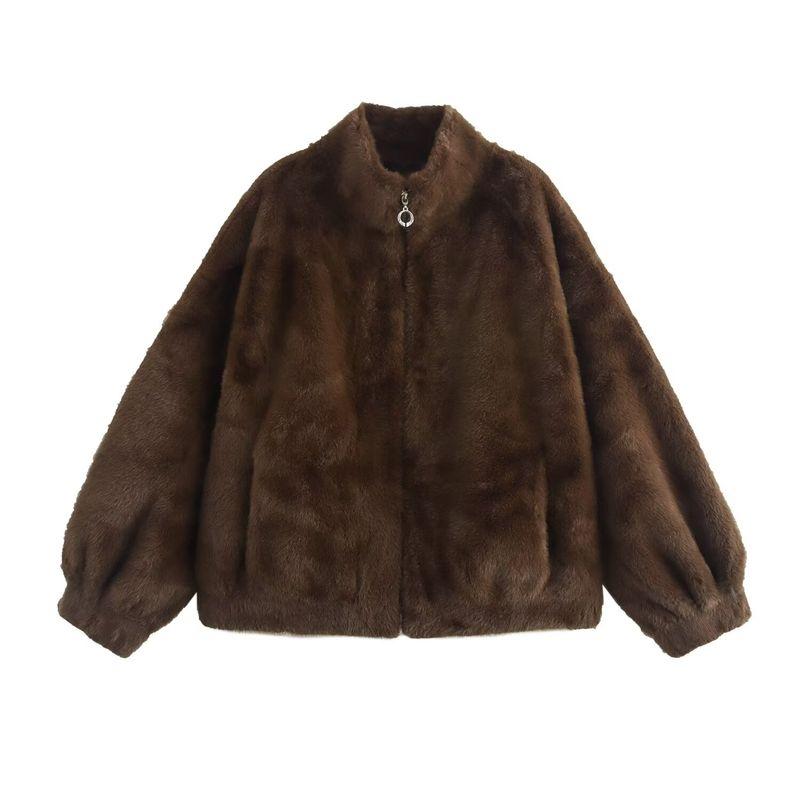 Kaslead New Arrival Women's Clothing Fashion Style Fur Integrated Stand Collar Short Zipper Jacket Outwear