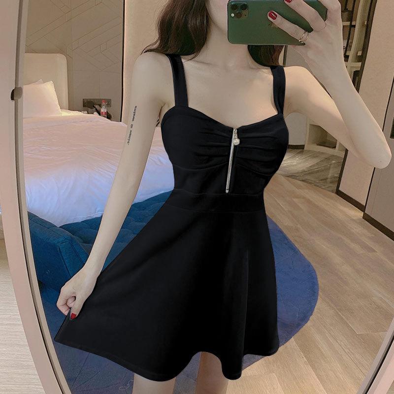 Sexy Dress New Internet Celebrity Live Streaming Host Suspender A-shaped Skirt Slim and Thin Wrinkled Low-cut Zipper Temperament Skirt
