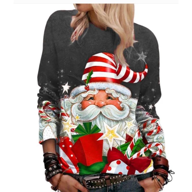 

Весенне-осенний топ с круглым вырезом и 3D-принтом на рождественскую тематику, модная повседневная женская футболка с длинным рукавом 5XL