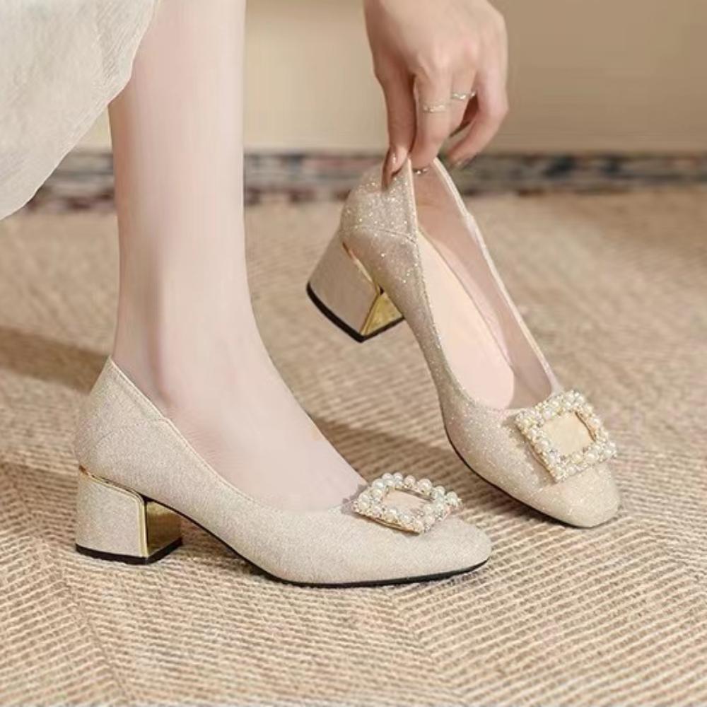 

Модные женские туфли на высоком каблуке, черные мюли, женские туфли на толстом каблуке со стразами, элегантные туфли для вечеринок и свадеб, женские туфли больших размеров для женщин 35 абрикосовый