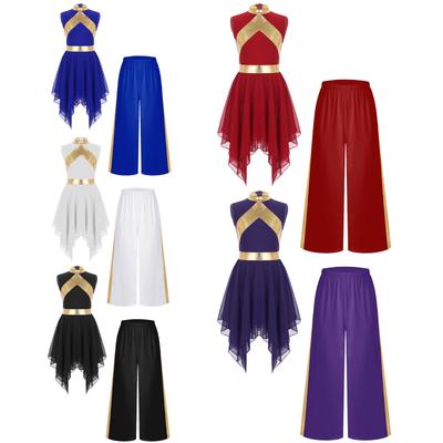 Girls Praise Dance Outfit Sleeveless Metallic Dress Patchwork Design Asymmetrical Hem Wide Leg Pants Set