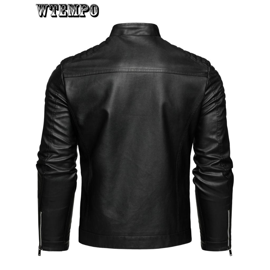 Men's Solid Zip-up PU Leather Jacket With Band Collar, Motorcycle Coat, Cool Stylish Clothing