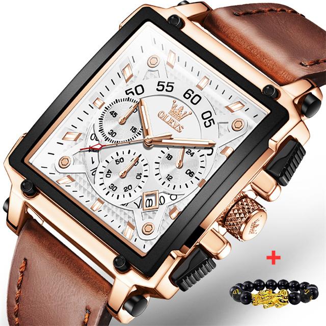 OLEVS 9919 Original Quartz Watch for Men Leather Strap Big Dial Square Waterproof Chronograph Sport Clock Male Relogio Masculino