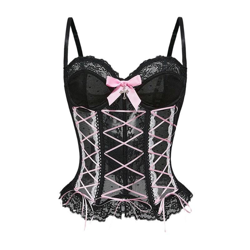 Lace Boned Corset Bustier Top - Cross Lace Up Camisole With Bow Accent For Women