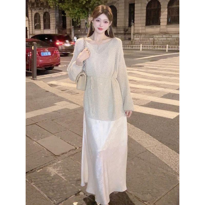 

Расслабленный ленивый комплект: блузка-слип и платье. Женский K-стиль, вырез, длинные рукава, свитер-блузка + юбка на бретелях, комплект из двух предметов Apricot Dress S (recommended 42.50 kg-50.00 kg