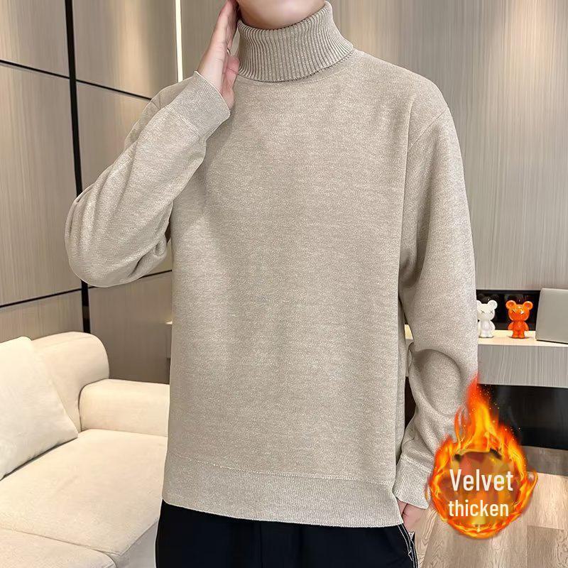 Men's Solid Color Knitted Turtleneck Sweater - Warm Velvet, Autumn/Winter Style, Mid-neck Design