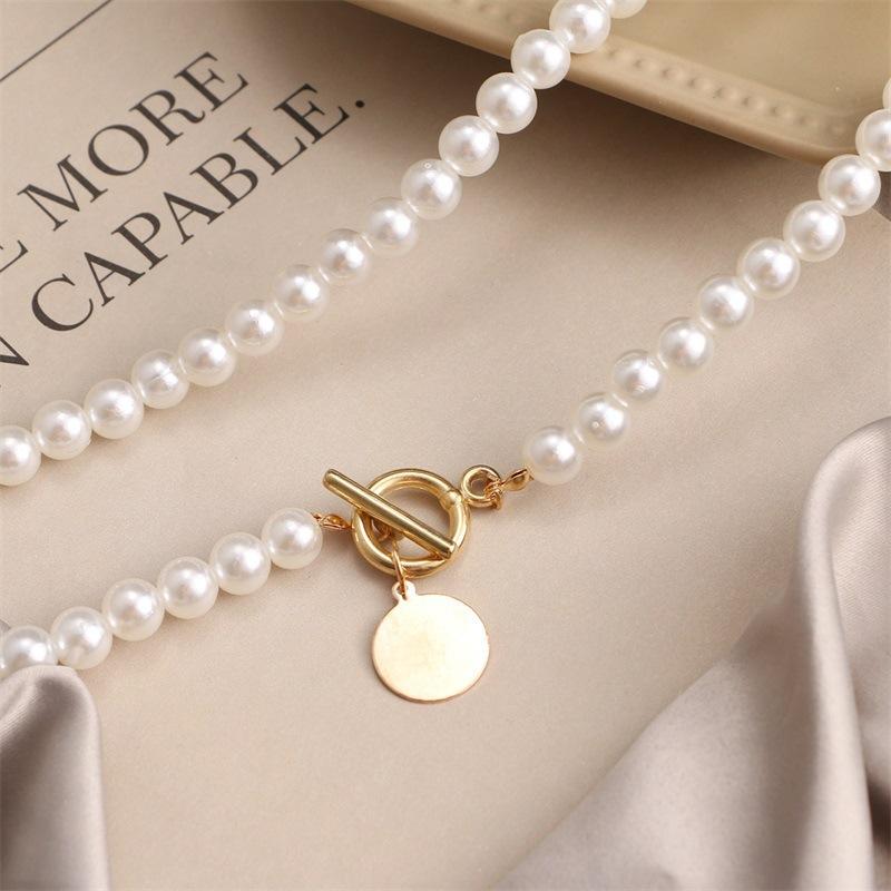 Vintage Bar Handmade Pearl Necklace Disc Neck Chain Niche Premium Clavicle Chain Women's Fashion Summer