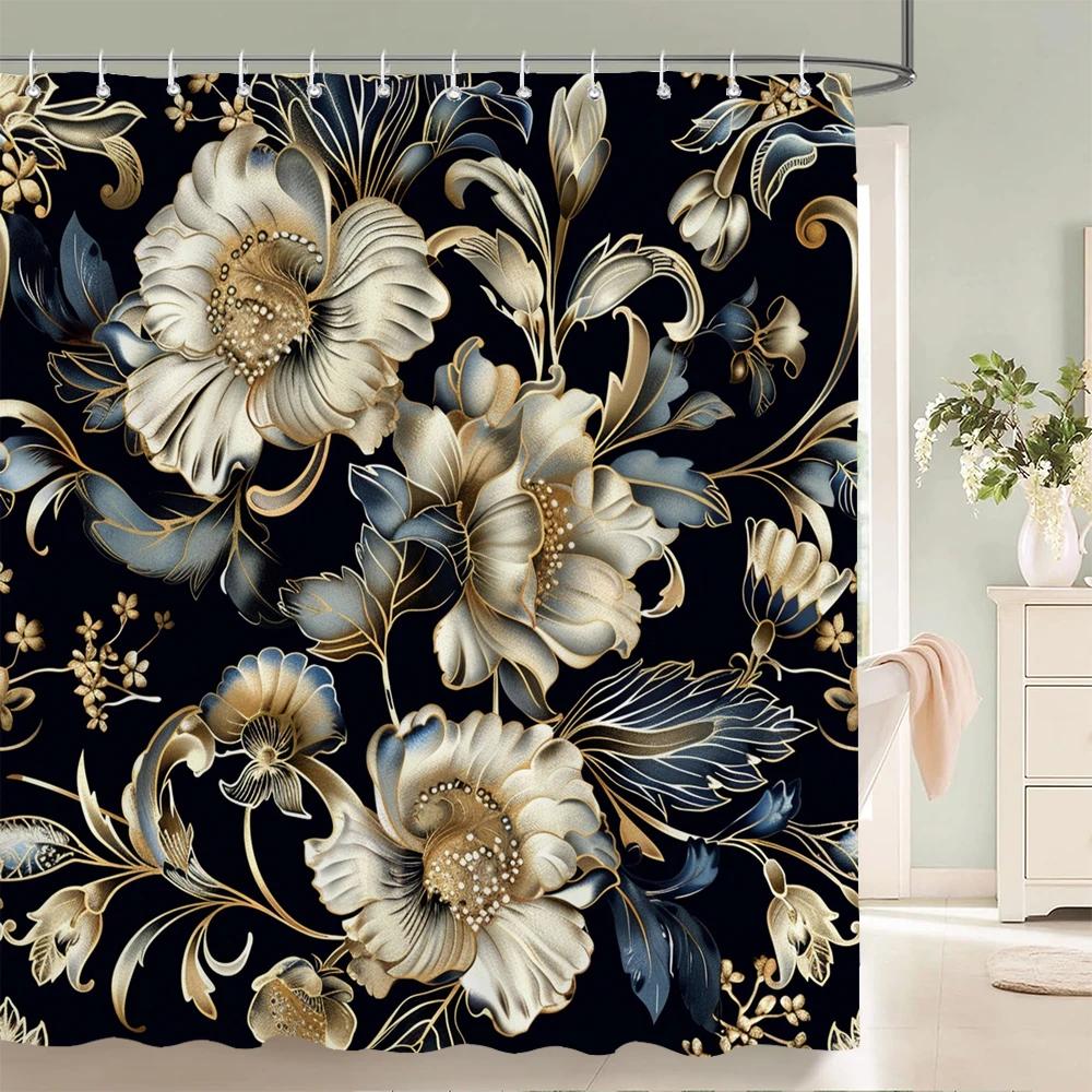 Home shower curtains for bathroom waterproof fabric Black and gold Flower bathroom Curtains with hooks decorative curtain