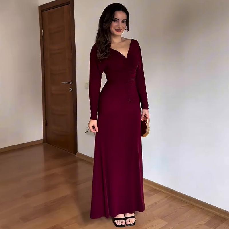 

Elegant V-neck Backless Tie-up Solid Color Bodycon Dress XS темно-червоний колір