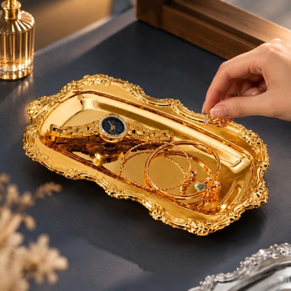 Gold Silver Metal Serving Plate Embossed Design Dessert Cake Dish Round Food Tray Jewelry Storage