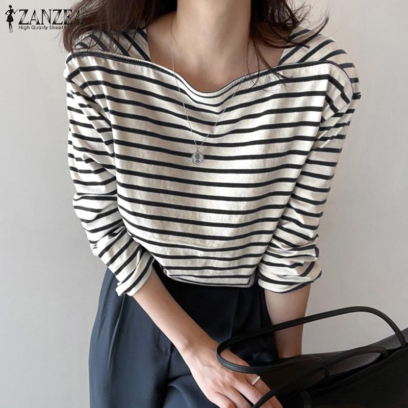 ZANZEA Women Casual Square Collar Long Sleeve Stripe Blouse