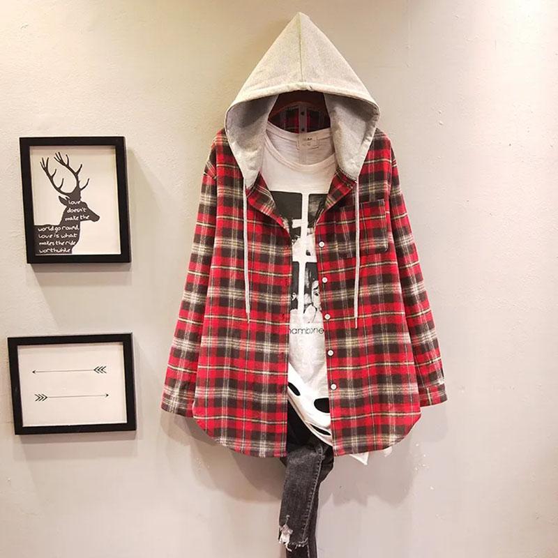

Женская куртка с капюшоном на весну и осень, тонкая бархатная повседневная свободная клетчатая рубашка, универсальная удобная куртка средней длины XL красный