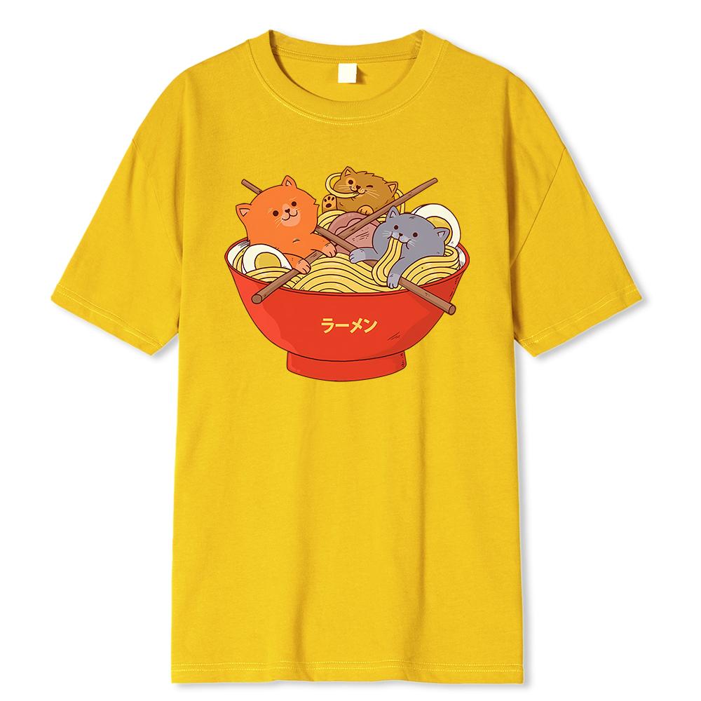 Japanese Style Cute Cats In Noodies Bowl Printed T Shirts Men Breathable Loose Clothing Casual Tshirt
