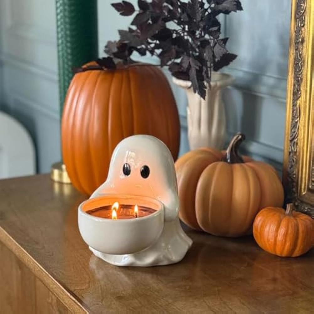 Halloween Ghost Candle Holder Spooky Ghost Candlestick Ceramic Tea Light Holder Aroma Holder Gothic Home Wedding Halloween Decor