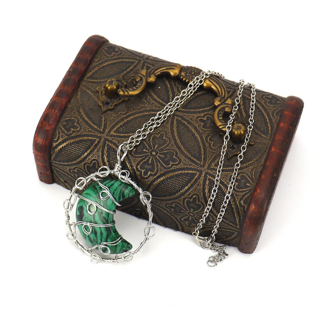 Hand-Woven Natural Crystal Agate Amethyst Moon Pendant Necklace Couple Jewelry N590