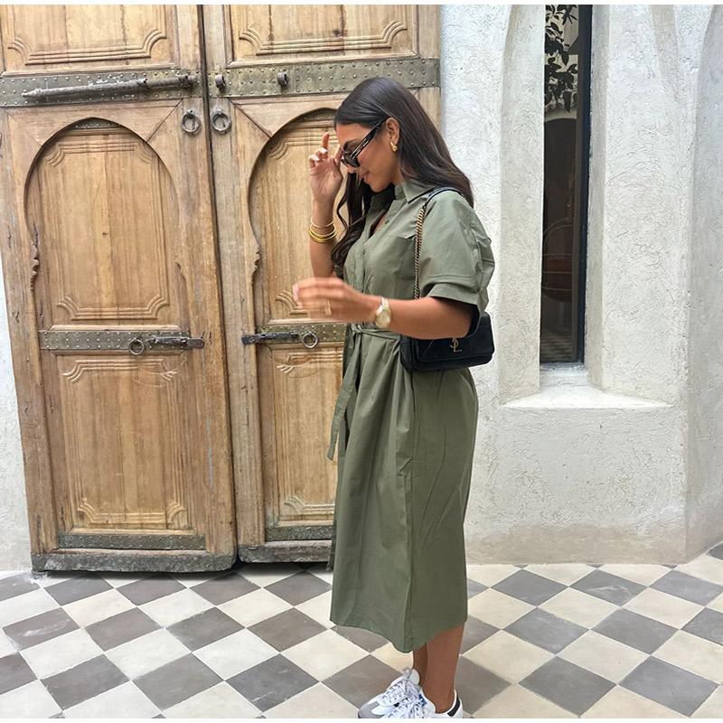 Casual Women's Lace Up Dress Single-Breasted Turn-Down Collar Short Sleeve Lady Dresses Loose Female Robe