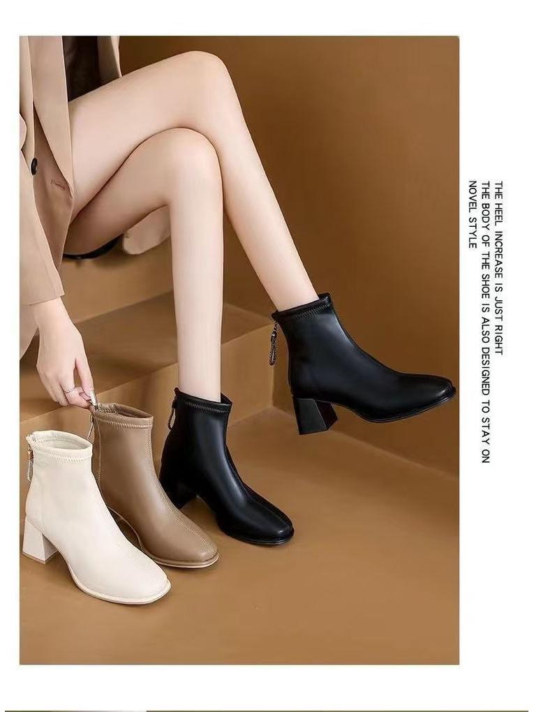 Women's French Soft Leather Ankle Boots, Velvet-Lined, Chunky Heel, Slim Fit, 2025 Autumn/Winter Collection