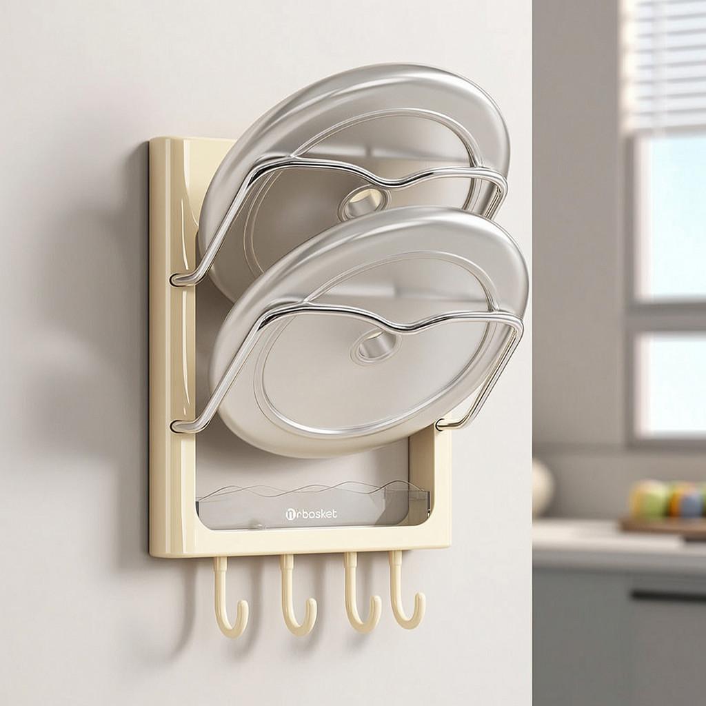 Kitchen Wall Mount Pot Lid Rack With Multilayer Storage For Home Cooking