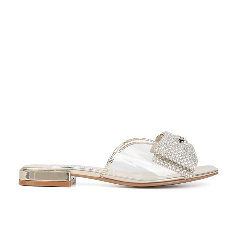 Shei fairy miu~ square head transparent pvc rhinestone bow flat bottom slippers female sandals summer
